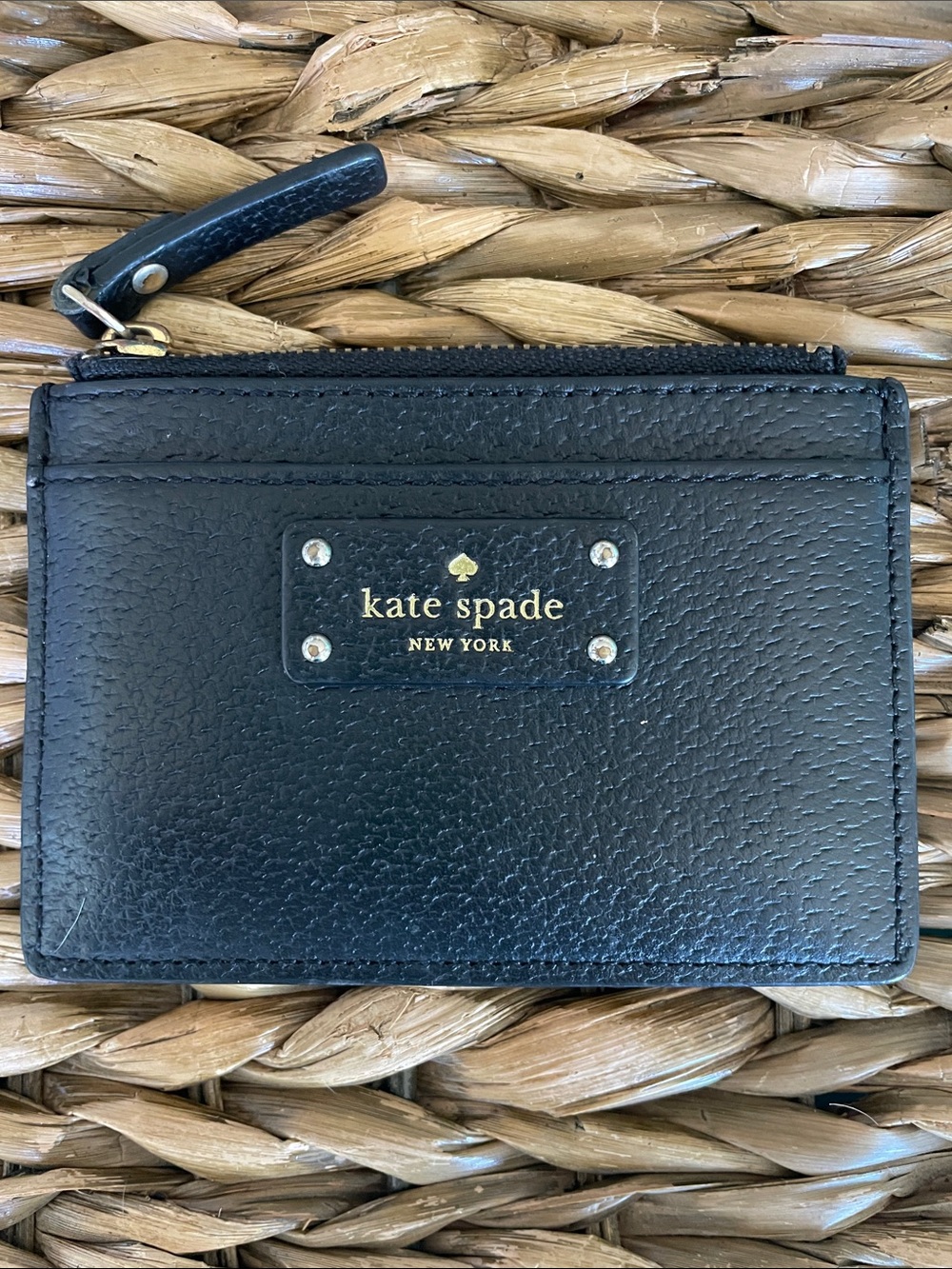 kate spade Black Leather Zip Card Holder with Gold Logo
